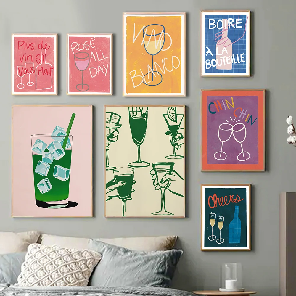 Vintage French More Wine Poster Iced Matcha Green Tea Prints Cheers Chin Chin Wall Art Canvas Painting Modern Kitchen Bar Decor