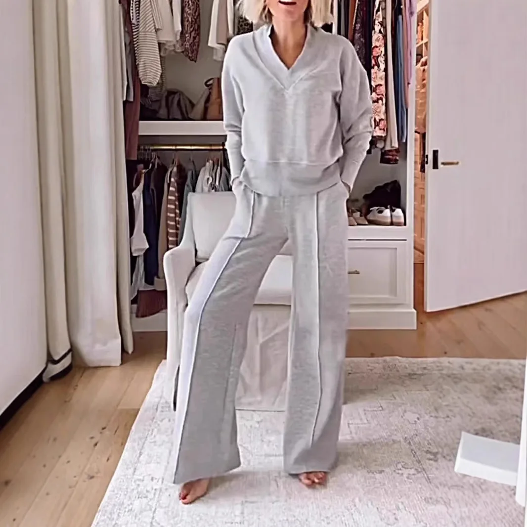 Women Two Piece Autumn Spring V Neck Blouse and Wide Leg Pant Suits