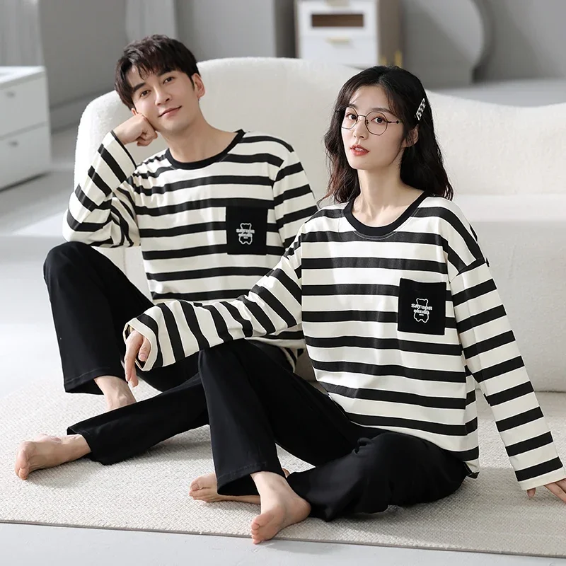 

2024 Spring Couple Long Sleeve 100% Cotton Pajama Sets for Men Casual Striped Loose Sleepwear Pyjama Women Homewear Home Clothes