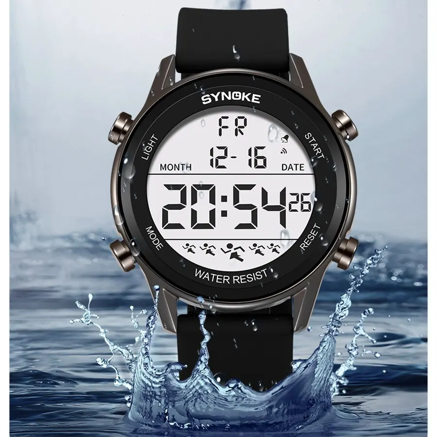 SYNOKE Men Outdoor Sports Multifunctional Waterproof Large Screen Display Luminous LED Digital For Men Fashion Silicon Watch 5