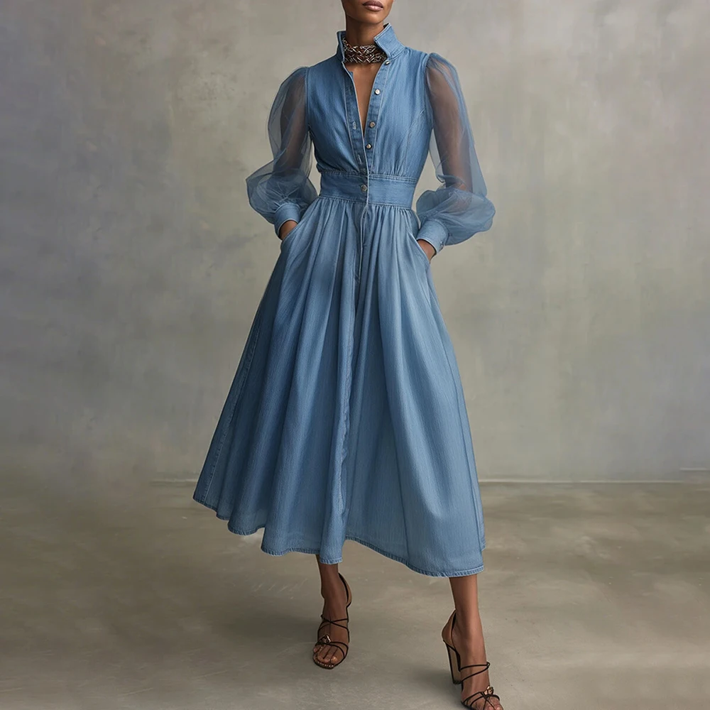 Denim-Midi-Hemdblusenkleid mit hohem Kragen, transparenten Puffärmeln aus Mesh, Knopfleiste vorne, A-Linie, fließendes, lässiges langes Kleid mit Taschen für Damen