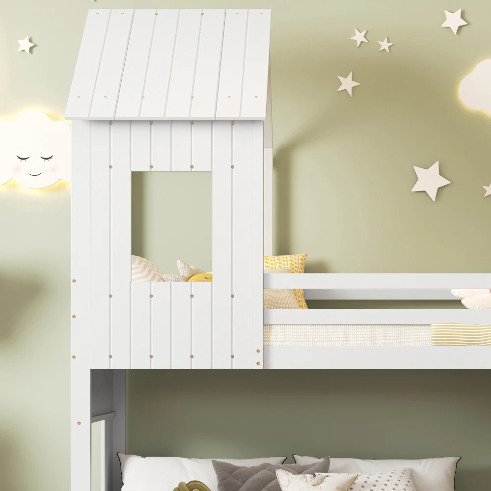 Schlafzimmer-Etagenbett mit Rutsche, Hausbett, mit Fallschirmgitter, mit Fenster und Dach, mit dreistufiger Leiter, 90 x 200 cm und 140 x 200 cm – Detail 21