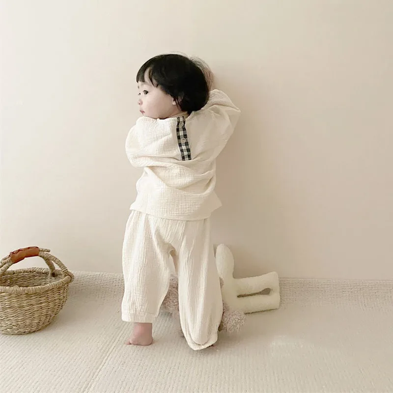 2024 nuovi vestiti di lino di cotone per bambini Set Plaid Cartoon Casual top + pantaloni 2 pezzi Baby Set Cute Boy Girls comodi abiti per neonati - immagine 6