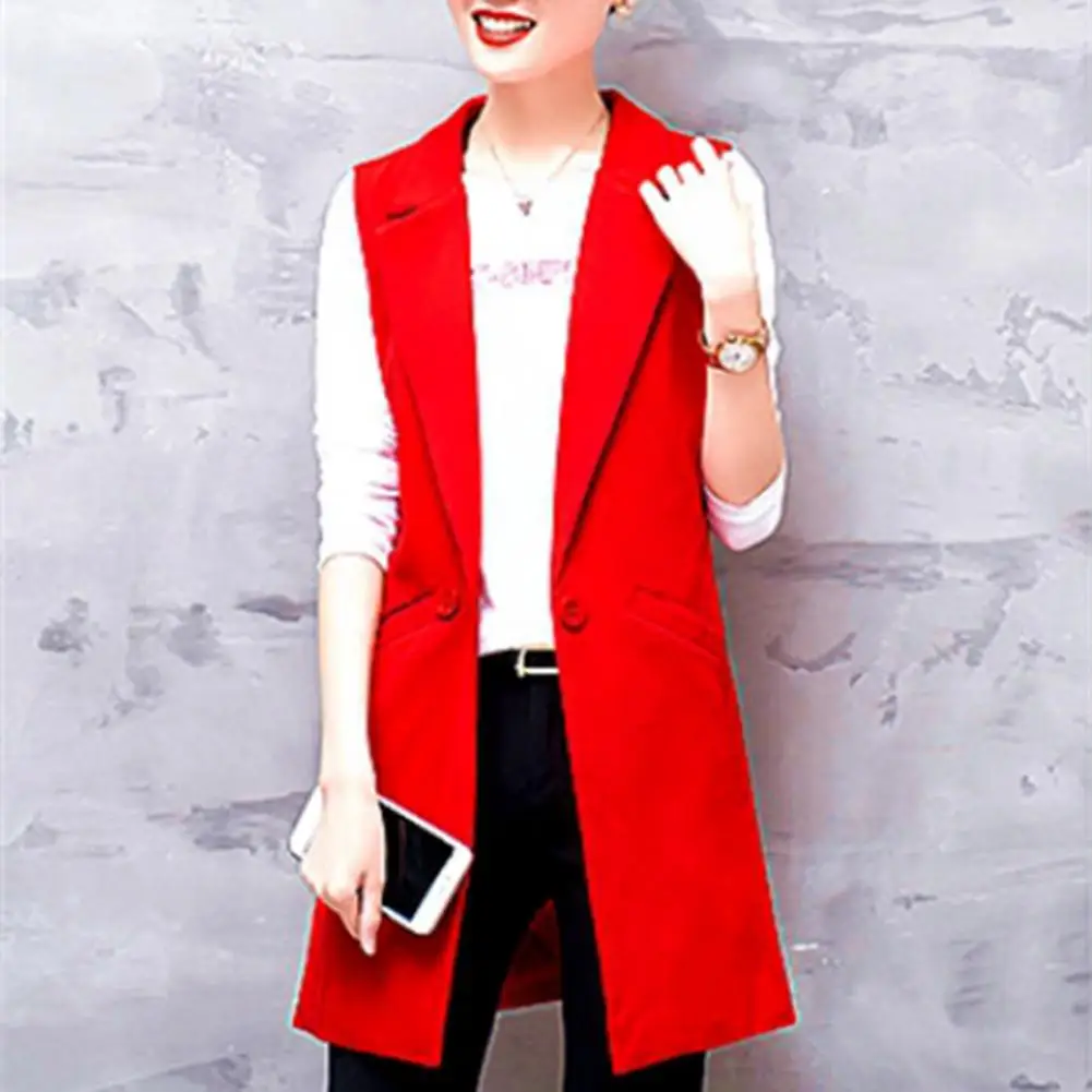 

Women Long Suit Coat Sleeveless Mid Length Single Button Sleeveless Pocket Cardigan Lapel Formal OL Commute Style Lady Jacket