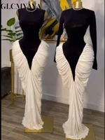 Long Sleeve Patchwork Dress Ruched Lace Smock Maxi