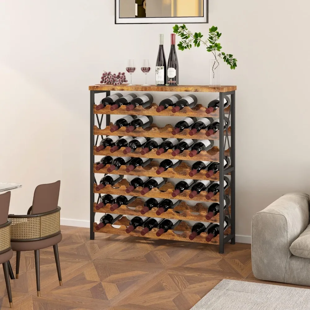 56-Bottle Freestanding Wine Rack, Wooden Wine Rack Storage Shelf, Stackable Bottle Rack with Tabletop for Living Room