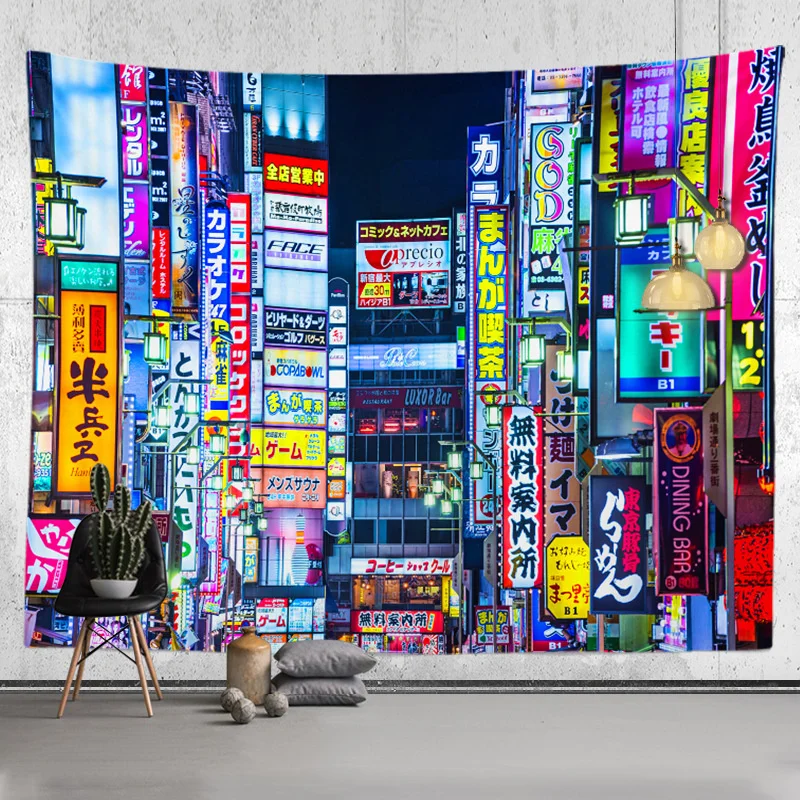 도쿄 그림 대도시 나이트 라이프 태피스트리 일본 벽걸이, 침실, 홈 데코, 보헤..