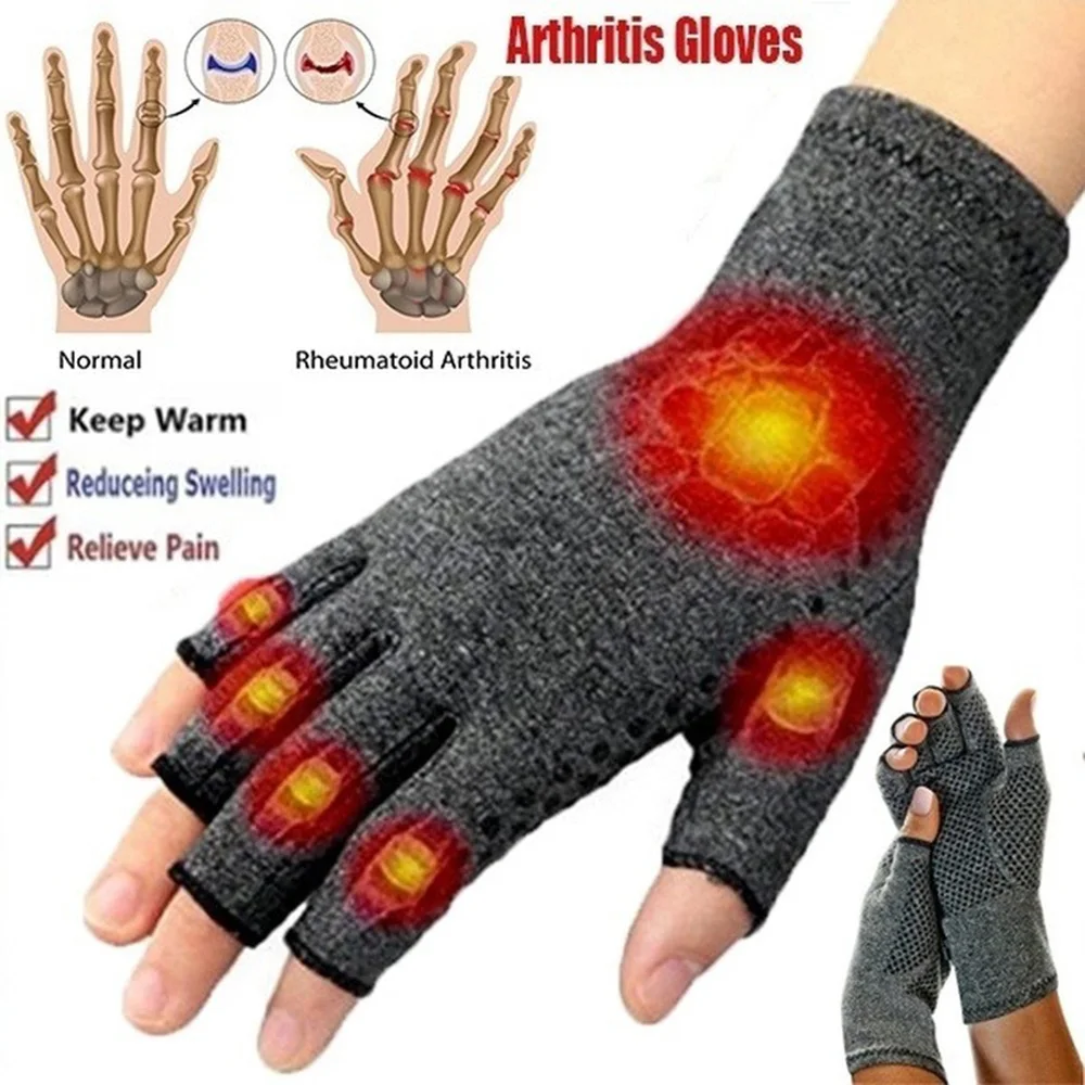 1 Pair Arthritis Compression Gloves Half Finger Therapy Gloves Wrist Support Joint Pain Relief Hand Brace Women Men Wristband 2