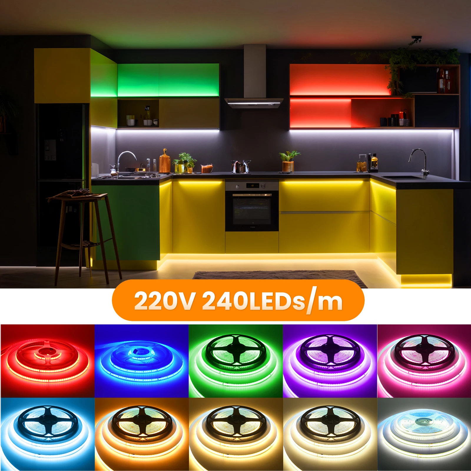 COB 스트립 AC 220V 10CM 컷 레드/아이스 블루/핑크/퍼플/그린/화이트 240LED 5M 10M 20M 50M/롤 IP20 방수 LED 라이트 아님