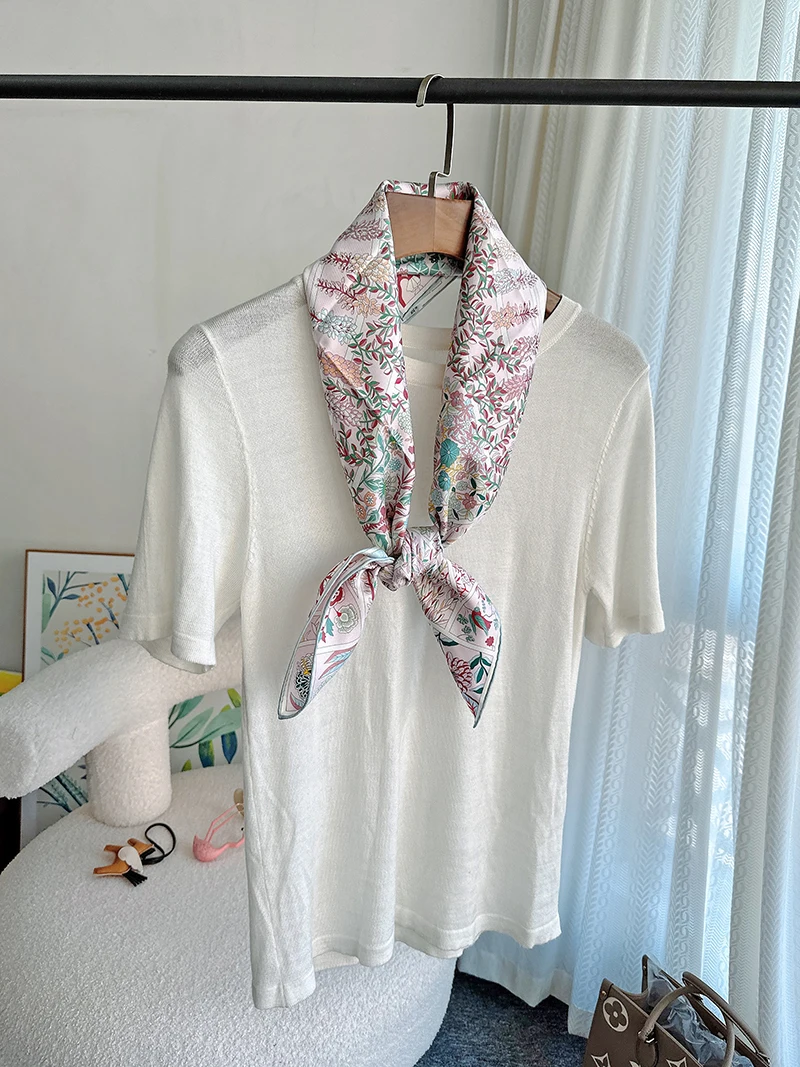 Loral Garden Scarf Small Floral Scarf Pink Woman Neck Hijab For Girl Summer Head Handkerchief For Hair Silk100
