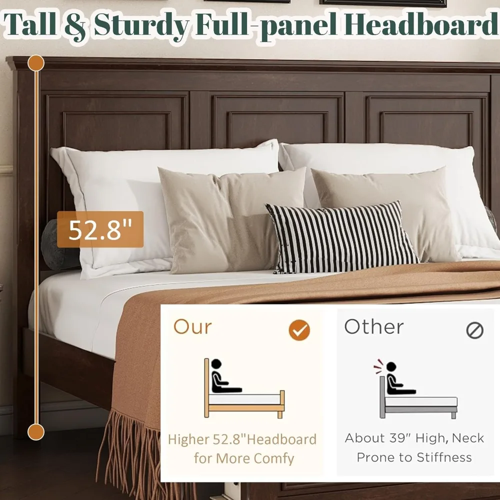 King Size Platform Bed with Tall Headboard & Footboard, Pinewood King Bed Frame with Wood Panel 4