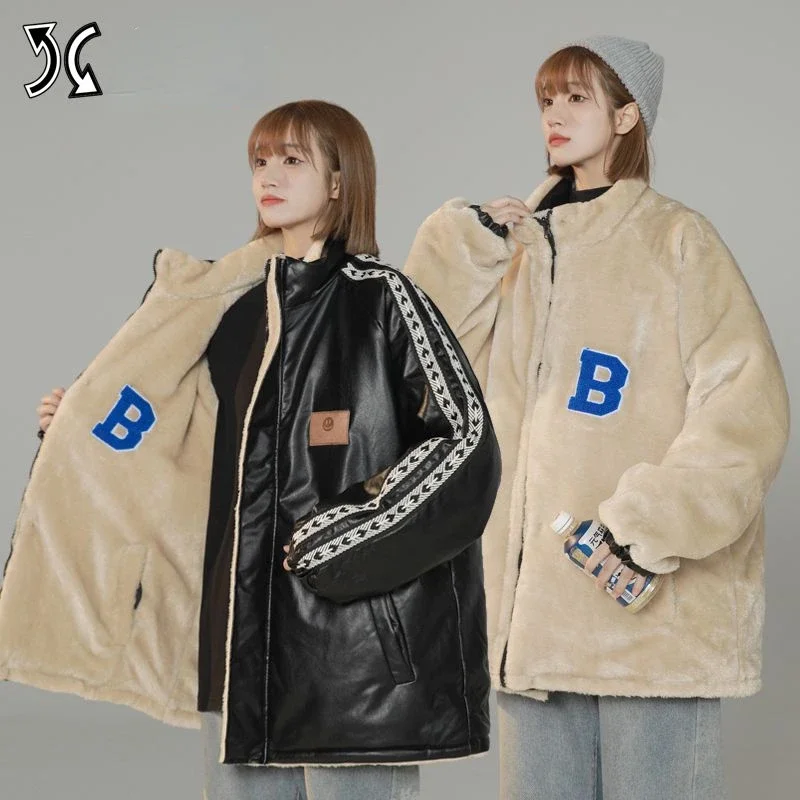 Новинка, зимние пальто для женщин, Куртки из искусственной кожи, пальто с меховой подкладкой, теплая парка, свободные мужские куртки, бесплатная доставка, модная уличная одежда