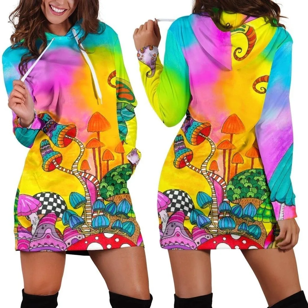 Edible Mushrooms White Hoodie Dress 3D Printed Hoodie Dress Novelty Hoodies Women Casual LongSleeve Hooded Pullover Tracksuit