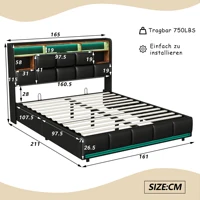 Rosahqnda Мягкая двуспальная кровать 160 x 200 см, гидравлическая кровать с коробкой, светодиодом и USB-зарядной станцией, пружинная кровать-коробка — изображение 3