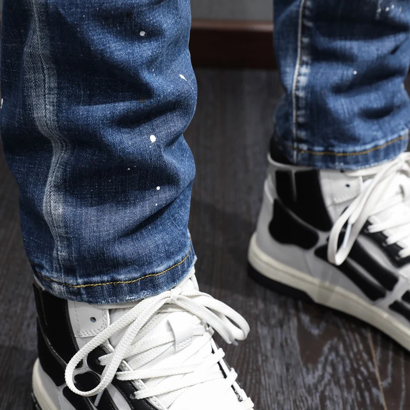 High Street Fashion Men Jeans Retro Blue Elastic Slim Fit Ripped Jeans Men Vintage Designer Stretch Casual Denim Pants Hombre