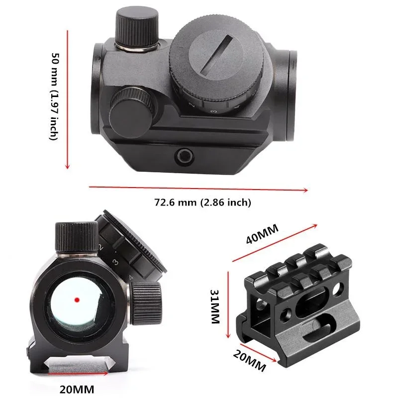 Tactical 1x20 Red Dot Sight 4 MOA Small Rifle Scope with 1 Inch Riser Mount Airsoft Hunting Accessory Wargame Outdoor Sports