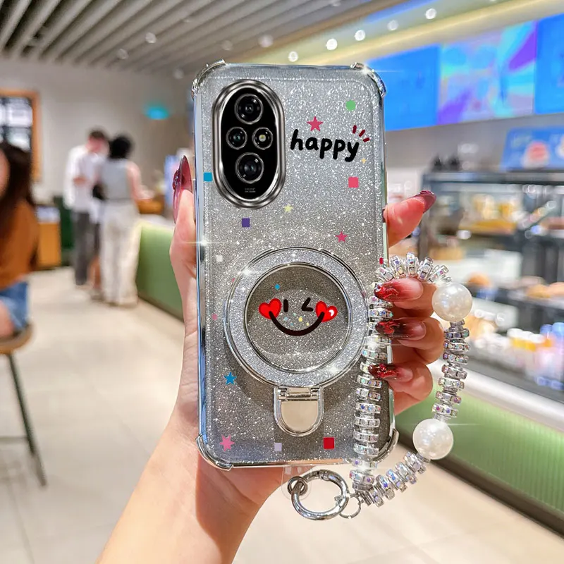 Pearl Strap Glitter Smile Phone Holder Case with Back Cover