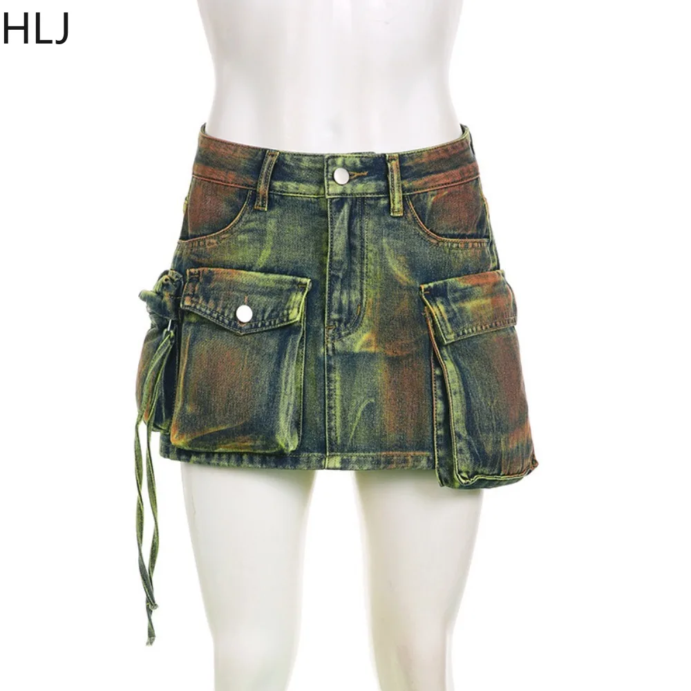 HLJ Fashion Y2K Streetwear Women High Waist Button Denim Skirts Casual Female Pocket Mini Skirts Female Vintage Cowboy Bottoms