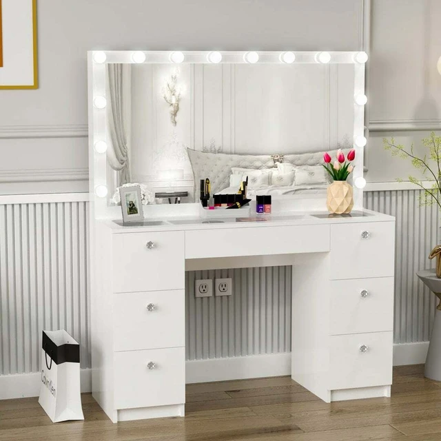 Vanity Desk with Lights Mirror,Large Makeup Vanity with Lights & Charging  Station,Vanity Desk with Storage Shelf and 5 Drawers,4 Cabinets & Time  Display, White 