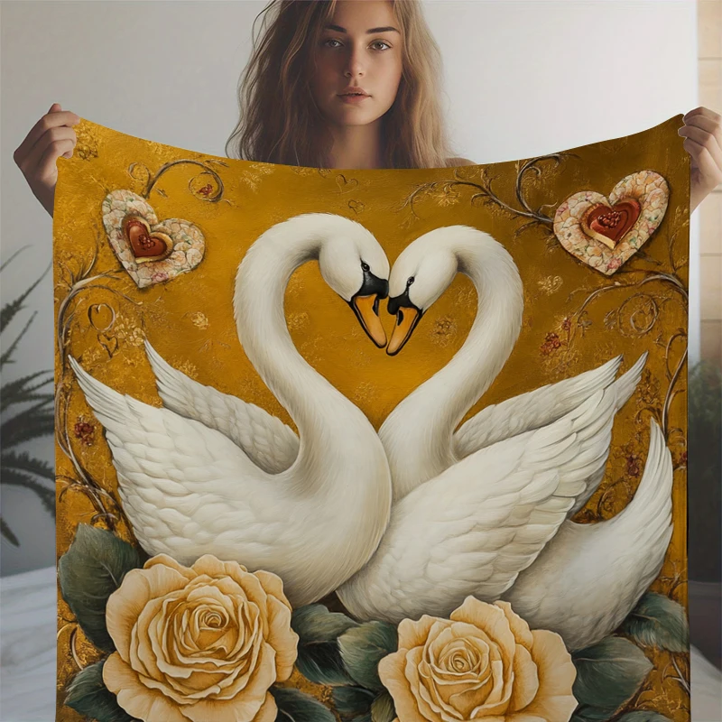 Rose Golden Swan Print Blanket Soft Throw Blanket for Home Bedroom Bed Sofa Travel Office Solid Cover Blanket Valentine's Day
