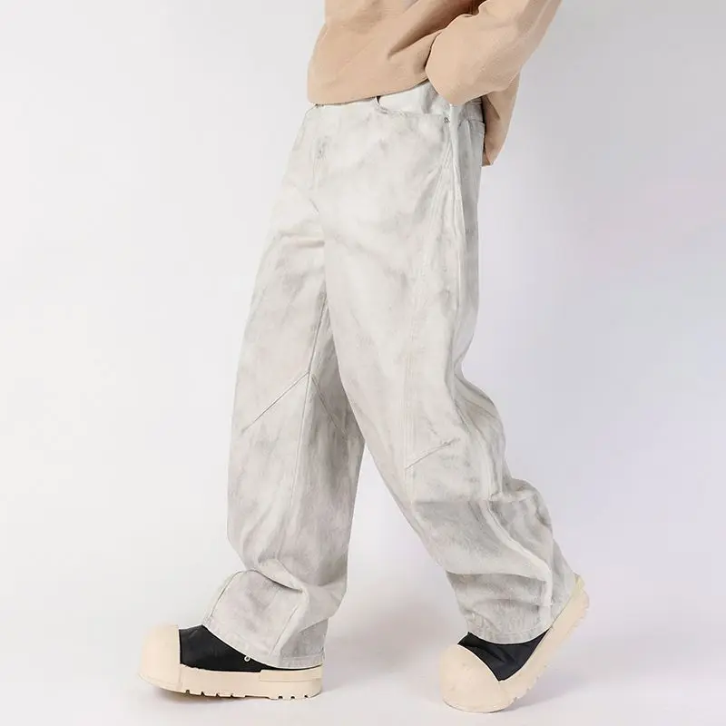 Hand Painted White Baggy Jeans Men Loosen Fit Straight Leg Wide Pants Male's Street Clothing New 3