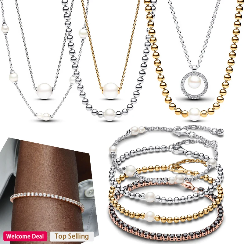 2024 New 925 Sterling Silver Women's Sparkling Pearl Original Beaded Logo Bracelet Lover DIY Fashion Charm Jewelry