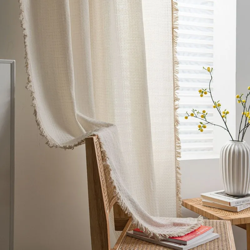 American Solid Color Waffle Curtain with Tassel Window Curtain Semi-shading Drapes for Living Room Bedroom Kitchen Door Drapes 2
