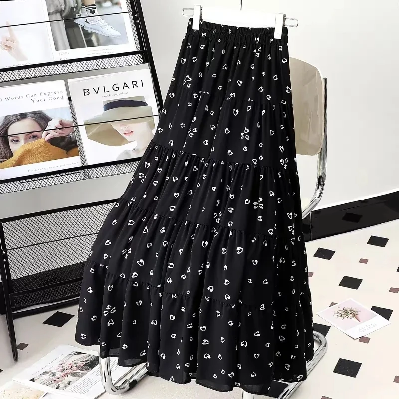 

Женская шифоновая юбка с завышенной талией, черная трапециевидная юбка с запахом, с цветочным принтом, весна-лето 2024
