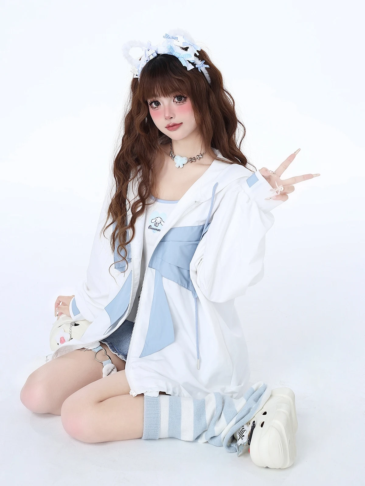Sweet Cool Contrast Color Bow Hooded Jacket Women 2024 Early Spring Original Loose Long Sleeve Thin Sun Protection Coat Female