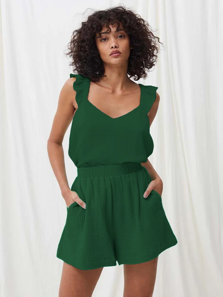 

Restve Autumn Women's Nightwear 2 Piece Sets Cotton V Neck Sleeveless Tops Casual Night Suits With Shorts Female Sleepwear 2023