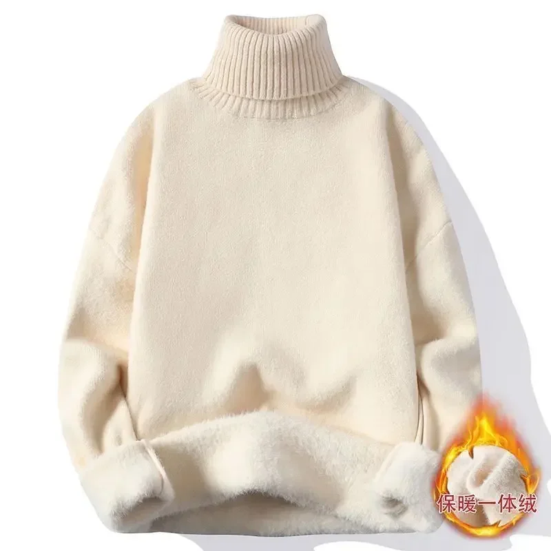 

One Body Mink Fleece for Men Plus Fleece Thick Knit Turtleneck Line for Autumn and Winter Warm Loose Base Shirt Harajuku Sweater