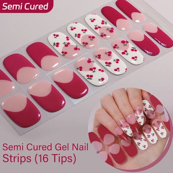16Tips Summer Cherry Heart Semi Cured Gel Nail Strips French Gradient Self Adhesive Gel Nail Wraps Full Cover UV Nail Sticker 1