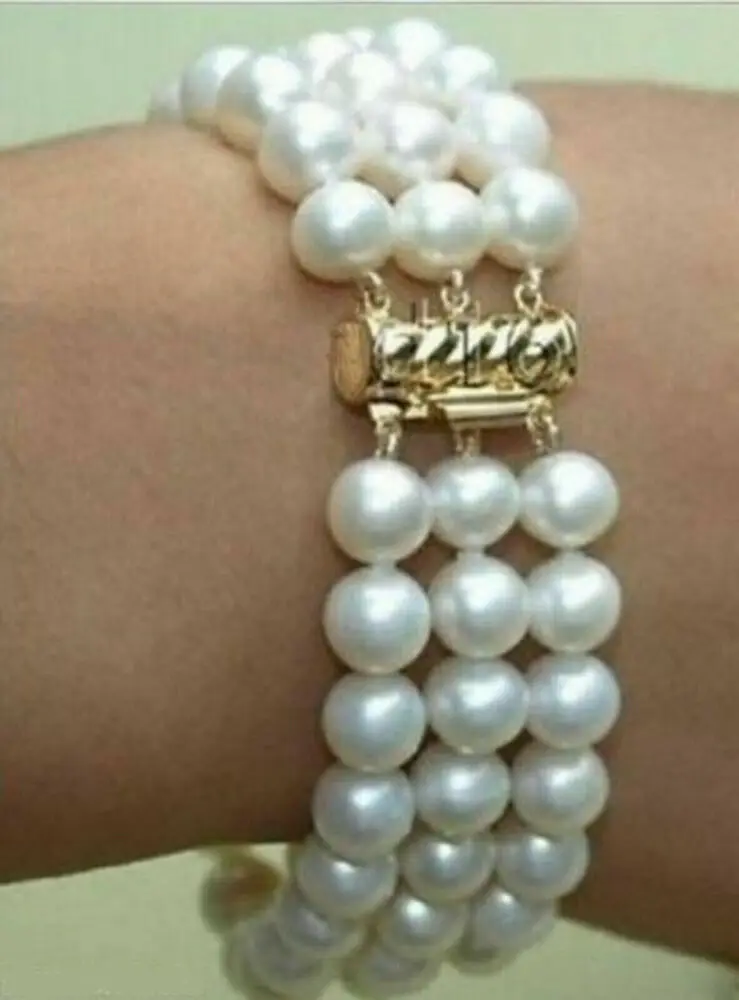 

Charming 3 rows natural 7-8mm Akoya white pearl bracelet 7.5" AAA