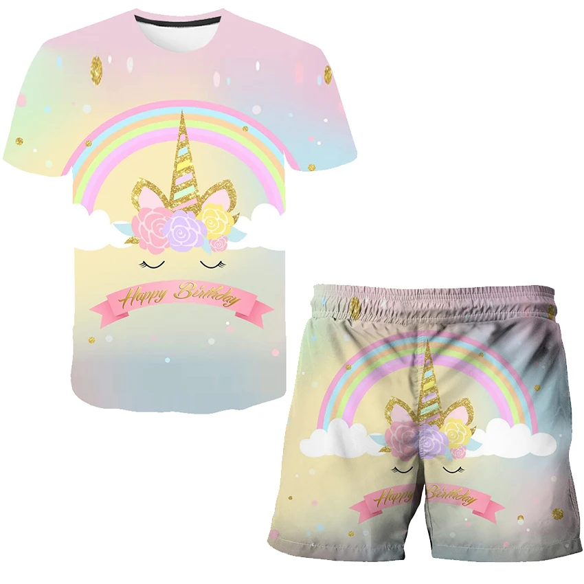Fashion Kids Unicorn Clothes Set Girl Princess Casual T Shirts + Child Short Trousers 2pcs Girls Children Clothing Outfits 4-14Y clothing kid suit