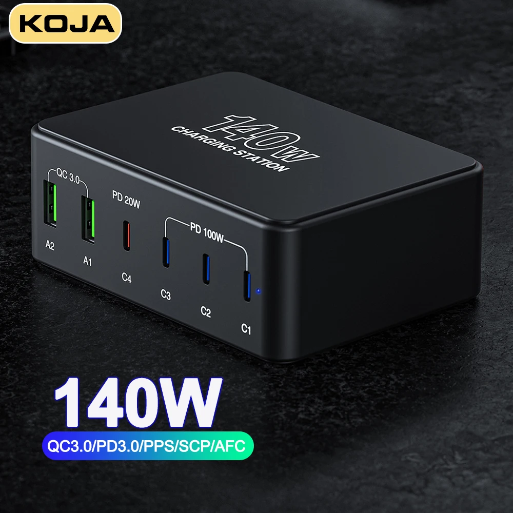 

140W Multi USB PD 100W Fast Charger 6-Port USB-C Charging Station QC3.0 PD3.0 PPS SCP AFC For Iphone 14 13 Samsung Phone Laptop