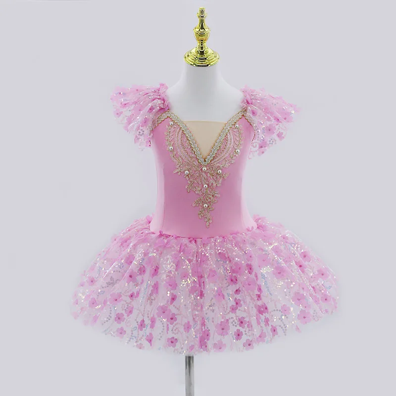 

2024 Pink Kids Ballroom Clothing Sequined Flower Tutus Ballet Dress For Girl Modern Dance Tutu Dress Girls Ballet Princess Dress