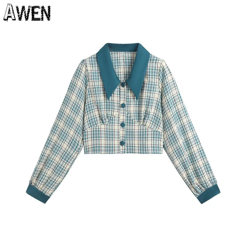 

Awen Korean Plaid Short Shirt for Women 2022 Fashion Tumdown Collar Long Sleeves Lattice Blouse French Casual Cardigan Top