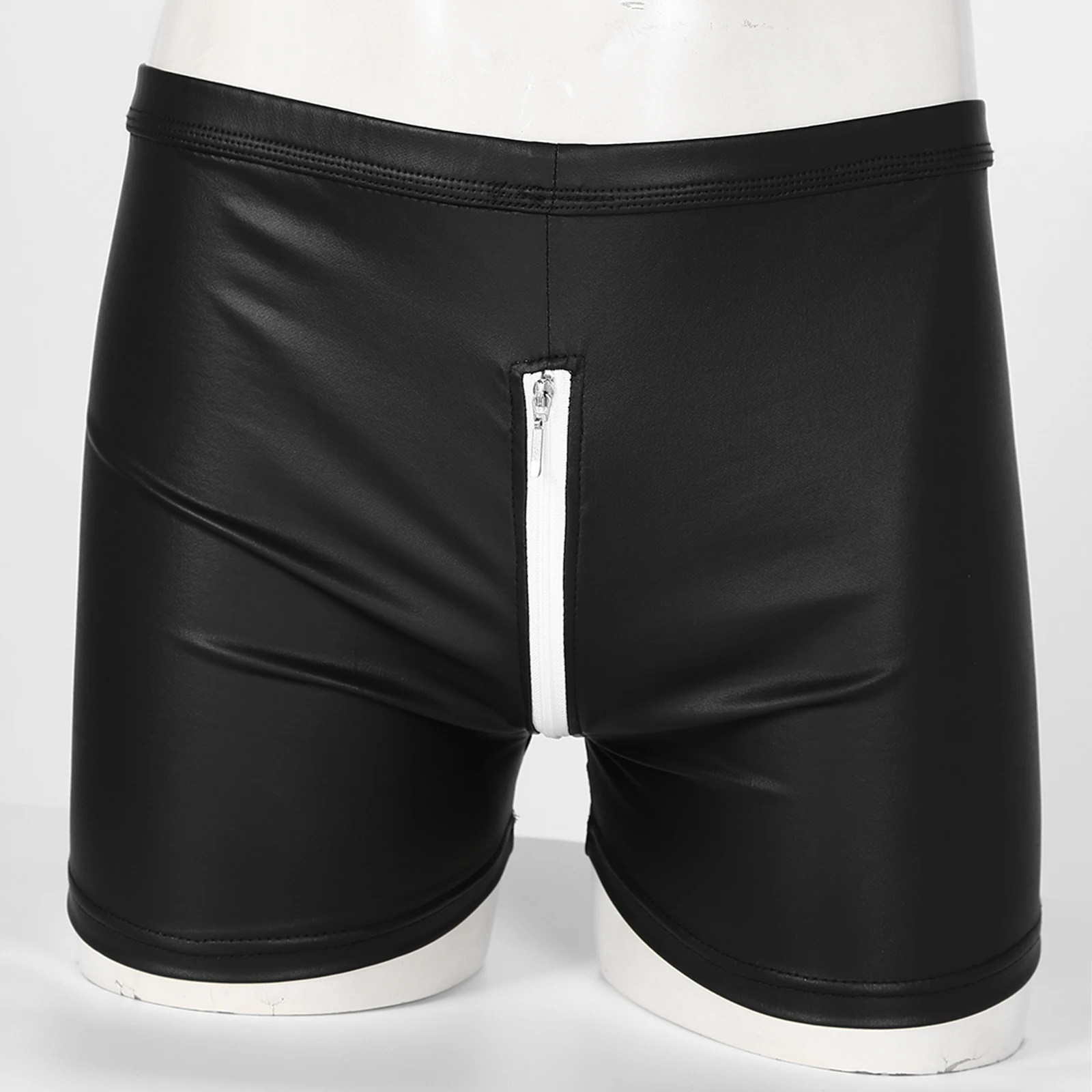 Sexy Men Boxers Shorts Zipper Crotch Faux Leather Lingerie U Convex Pouch Black Leather Boxers Shorts Nightclub Rave Costume