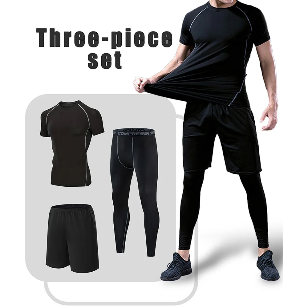 

New 3-Piece Sportswear Men's Running Set Jogging Basketball Underwear Tight Pants Gym Fitness Sportswear Training Clothes