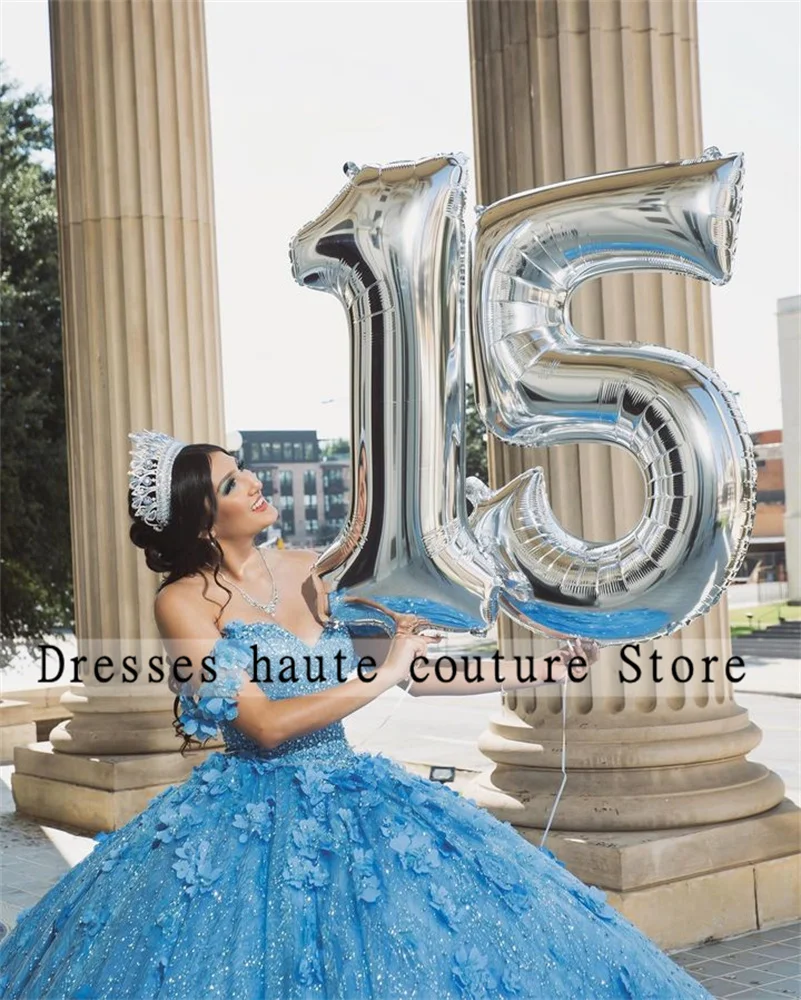 New Arrivals Blue Lace Ball Gown Quinceanera Dress 2024 With 3D Flower Beaded Sweetheart Sweet 16 Dress Lace-up Vestido 15 Años