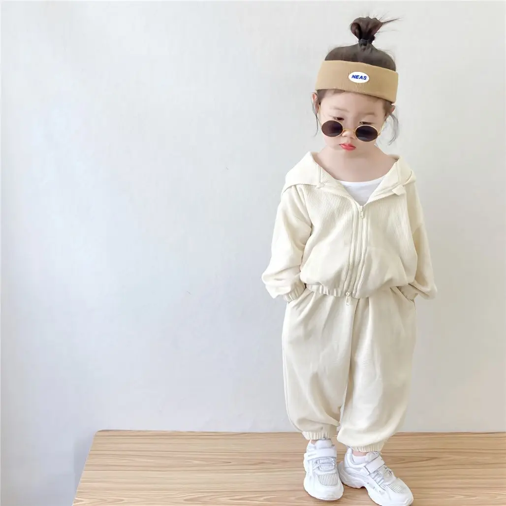 

Two Pieces Casual Autumn Hoodies for Baby Boys Girls White Grey Waffle Zipper Coats Cardigans Loose Pants Trousers