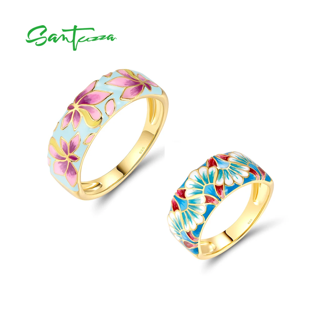 SANTUZZA Anelli in vero argento sterling 925 per le donne Elegante fiore smalto multicolore Regali per feste alla moda Gioielleria raffinata fatta a mano