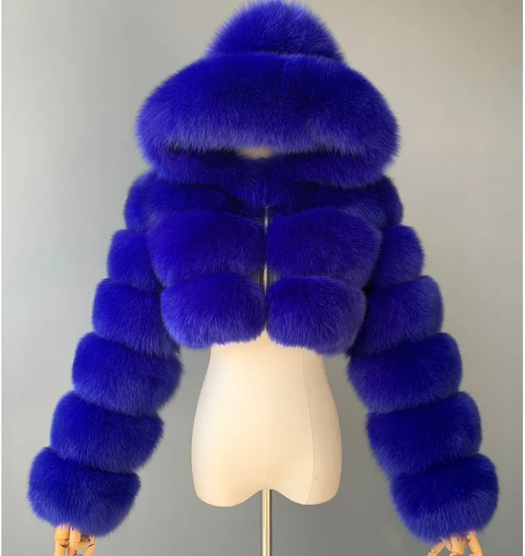 

VOLALO Fashion Hooded Faux Fur Coat Women 2024 Winter Warm 8XL Blue Furry Overcoat Elegant Plush Crop Jacket Femme