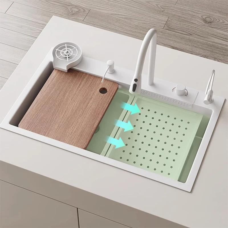 Nano Multifunction White Kitchen Sink Waterfall Faucet Large Single Bowl Wash Basin Cup Washer Pure Tap Soap Dispenser SUS304