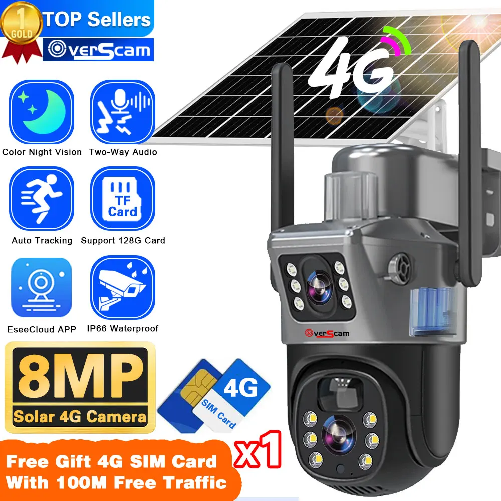 4G Sim Card Solar Cctv Dual Lens Dual Screen Camera Ptz Outdoor Tracking Wireless 4K 8Mp Color Chiamata Bidirezionale Cctv Security