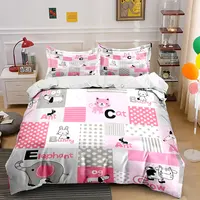Parure de lit alphabet animaux mignons rose et gris, housse de couette imprimée dessin animé avec taies d'oreiller, linge de lit doux pour chambre de fillette 4