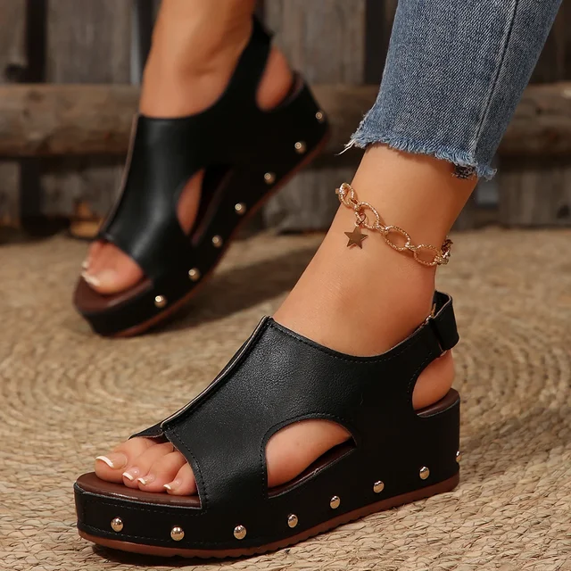 Women Comfort Wedges Sandals Peep Toe Med Heel Platform Sandalias Mujer 2025 Rivet Thick Sole PU Leather Summer Shoes for Women