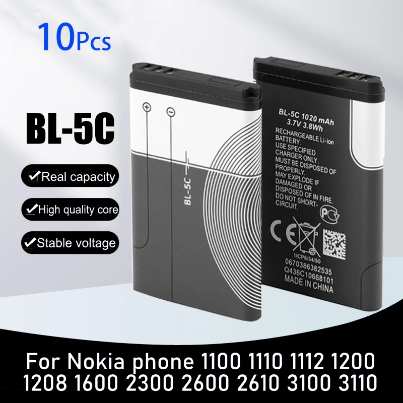 10 Pz 3.7V 1020Mah Bl-5C Bl5C Batteria Bl 5C Batterie Ricaricabili Per Nokia 2112 2118 2255 2270 2280 2300 2600 2610 3125 3230