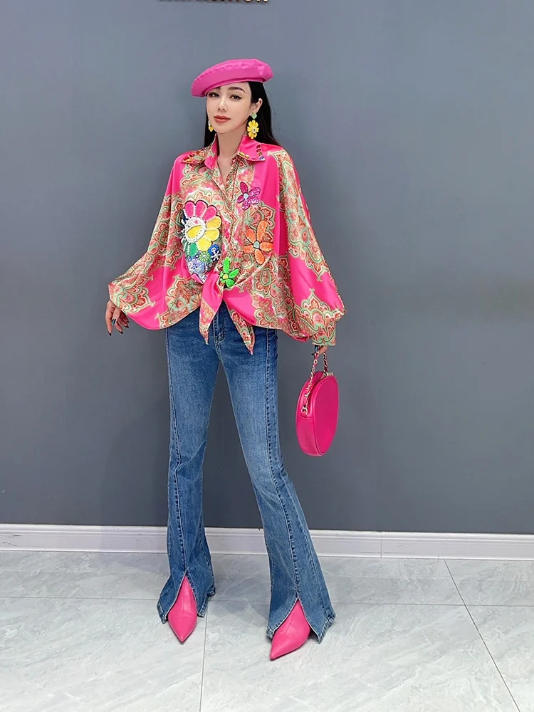 ★新品★Plage2024 middle top Green 2024 Summer New Printed Women Shirt Turn-down Collar
