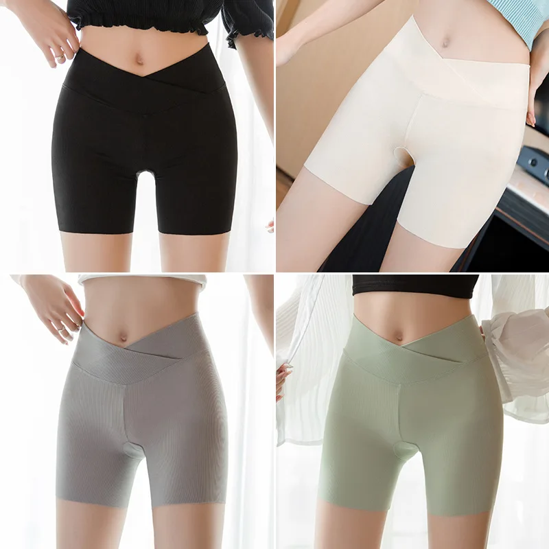 comfortable Cross waist Ice silk safety pants female summer new breathable leggings large size not curly edge